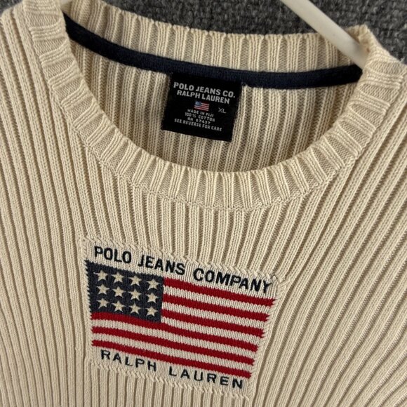 Ralph Lauren Polo Jeans Women Flag Sweater Ribbed Knit Embroidered XL Cotton - Picture 3 of 13